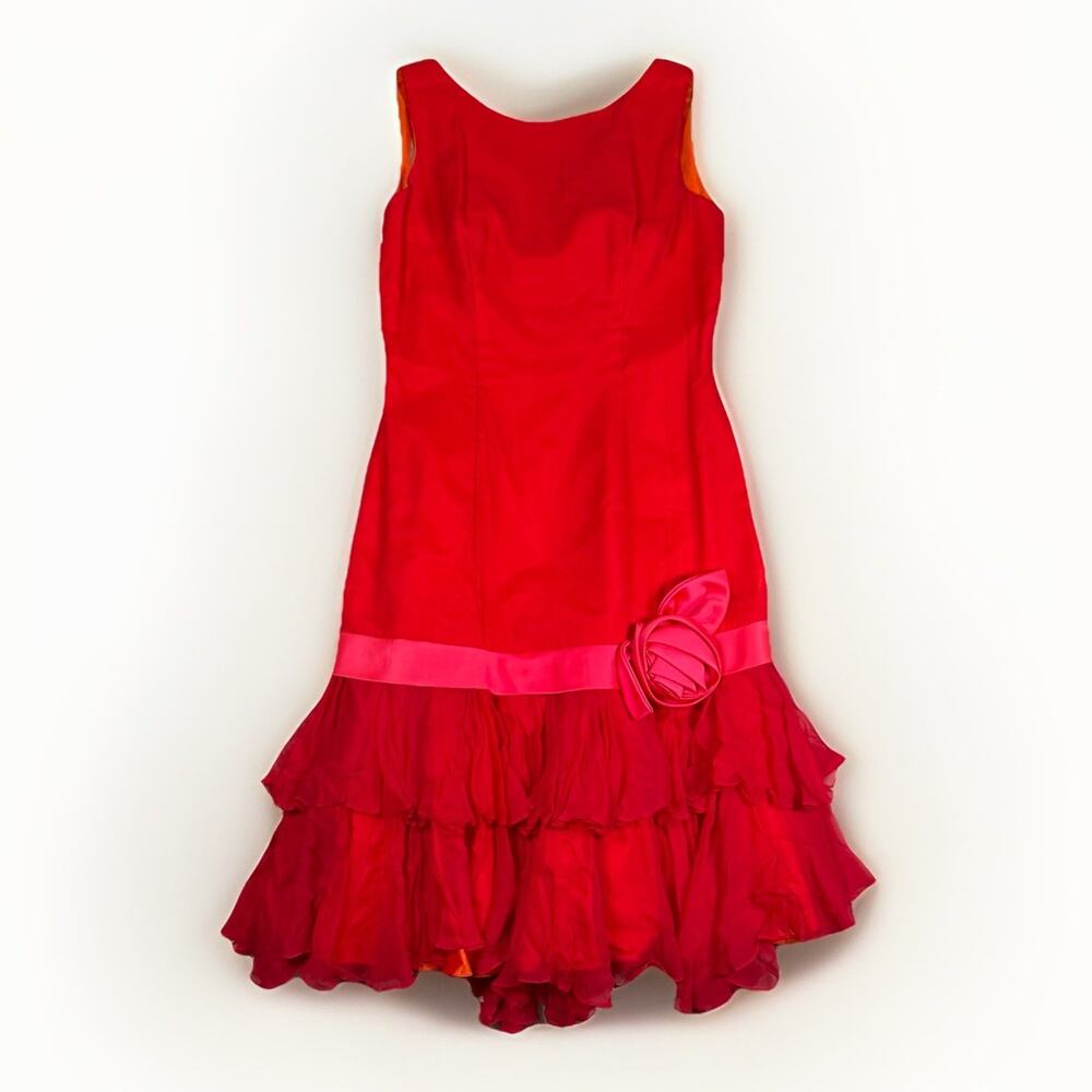 VTG Lilli Diamond Red Chiffon Ruffle Tiered Midi Dress Women's Size‎ M 50s 60s